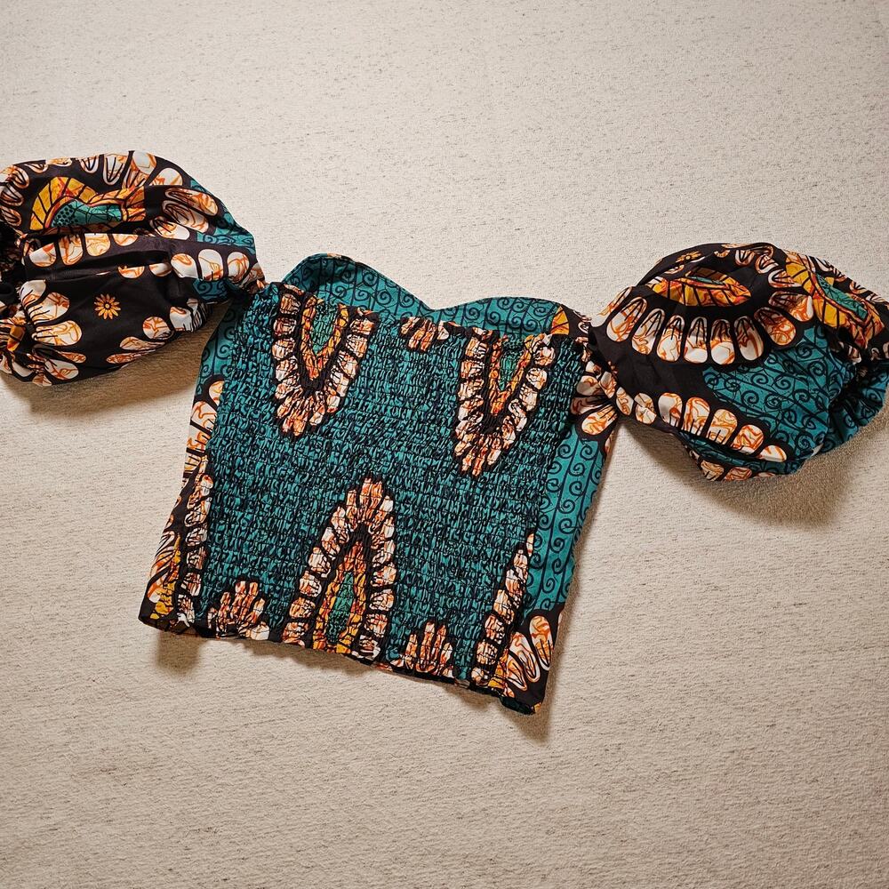 African Floral Size S Puff Sleeve Crop Top Smocked Boho Festival Y2K Cottagecore - Picture 4 of 15